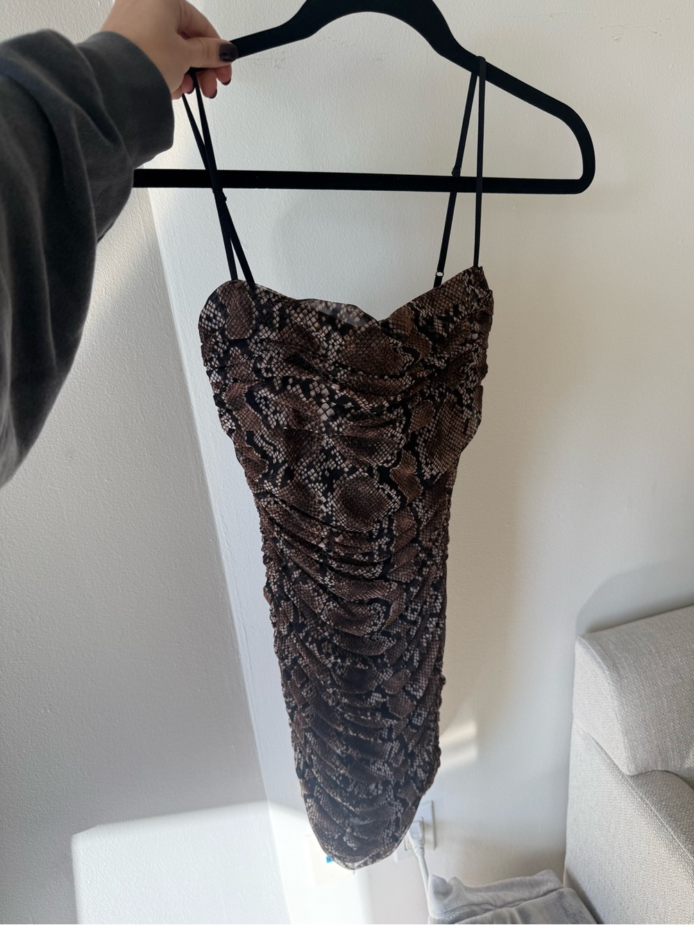 Babaton Brown Snake-Print Ruched Mini Dress